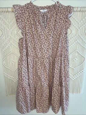 Time and Tru Burgundy & White Floral Tie-Neck Mini Dress